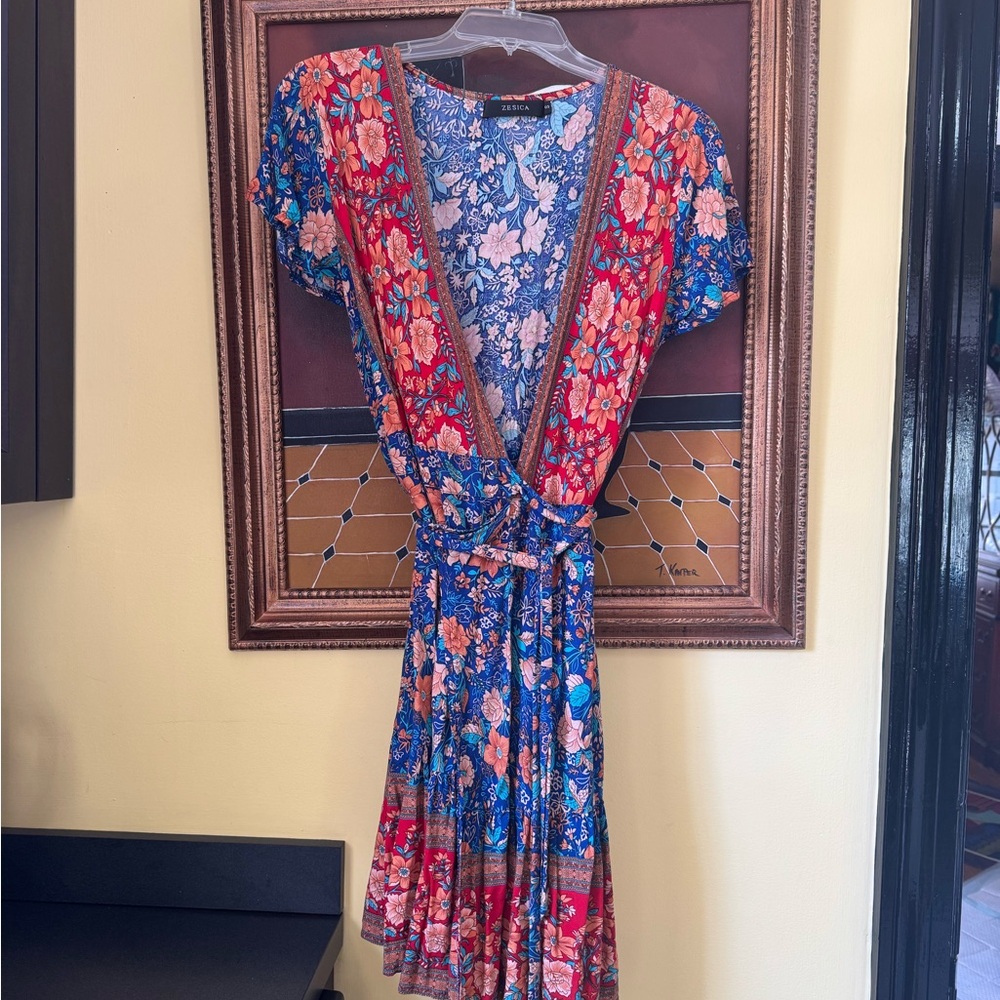Floral Wrap Dress - Blue and Red